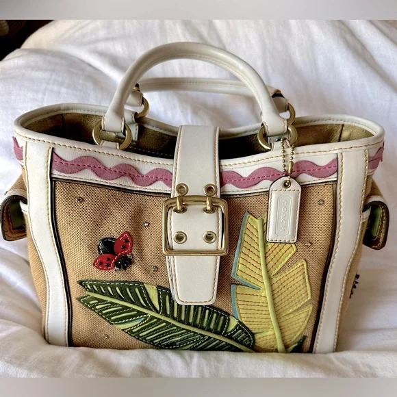 Vintage COACH #4439 Ladybug Motif Boxy Straw Tote Bag Limited Edition 2004 - Picture 1 of 12
